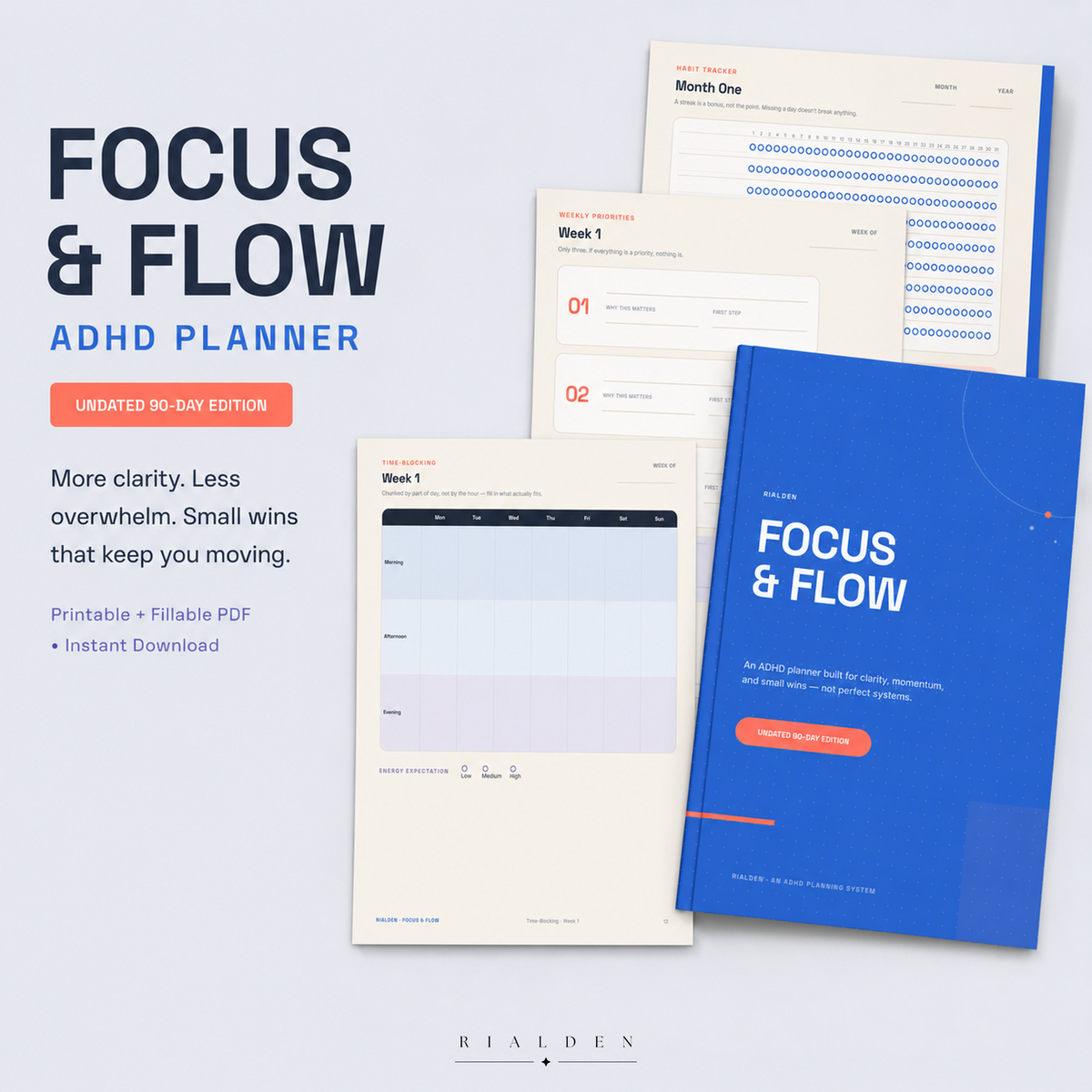 Focus & Flow ADHD Planner — Undated 90-Day Printable + Fillable PDF