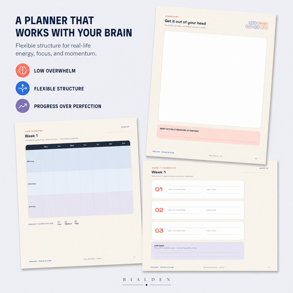 Focus & Flow ADHD Planner — Undated 90-Day Printable + Fillable PDF