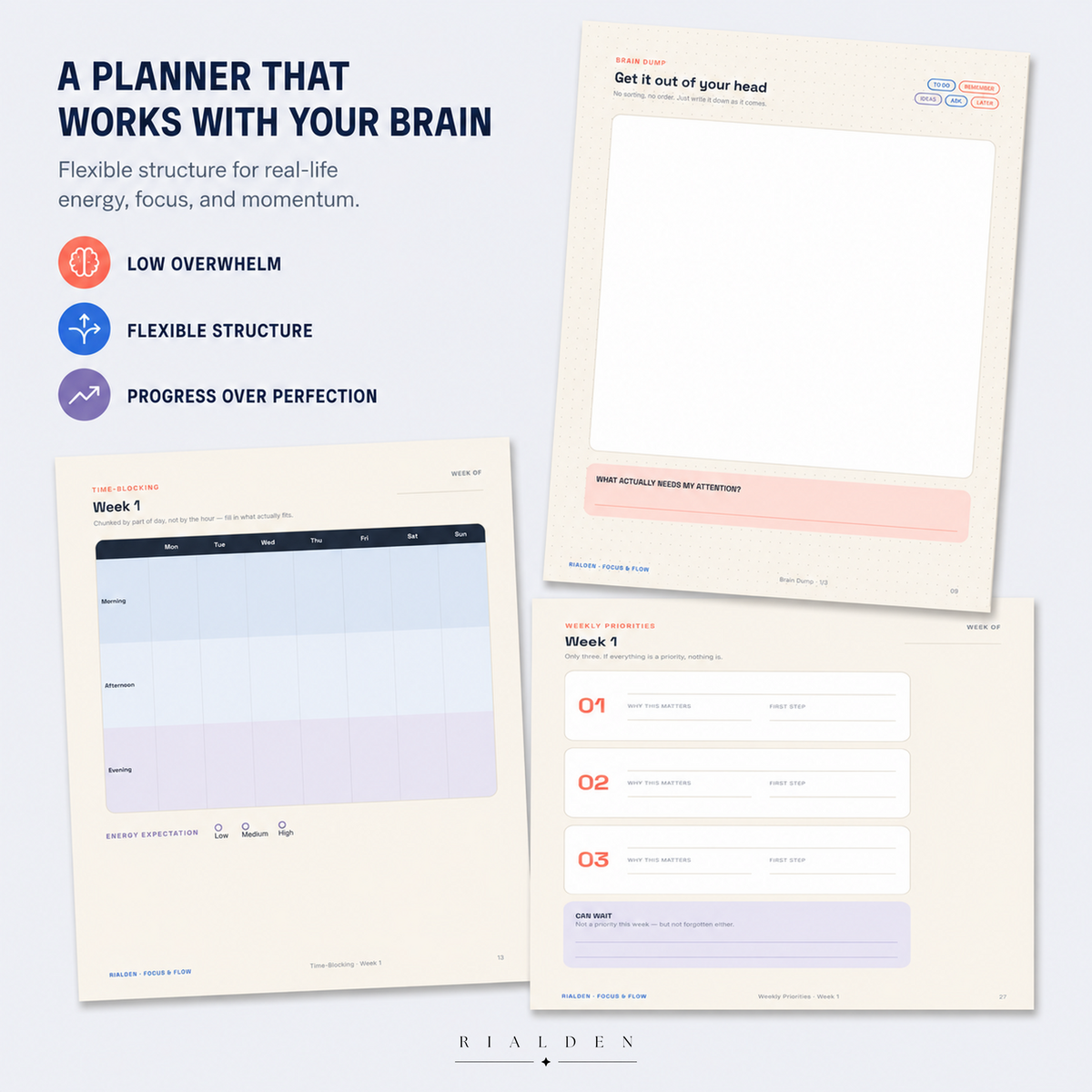 Focus & Flow ADHD Planner — Undated 90-Day Printable + Fillable PDF
