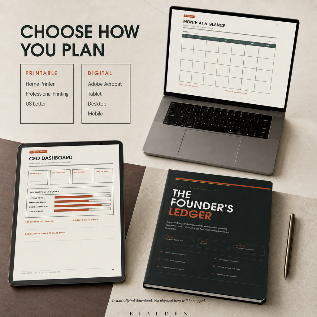 The Founder's Ledger | Business & Goal Planner | Printable + Interactive Fillable PDF