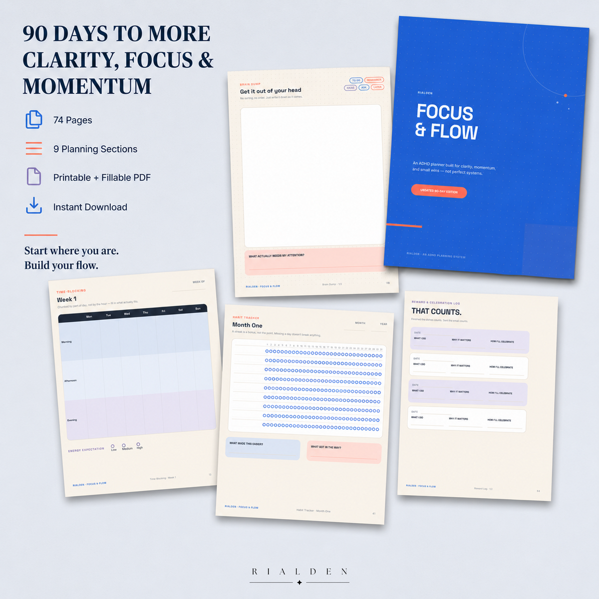 Focus & Flow ADHD Planner — Undated 90-Day Printable + Fillable PDF