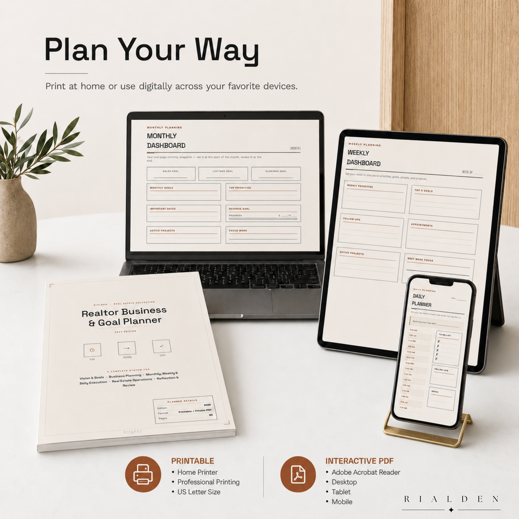 Realtor Business & Goal Planner | Printable + Interactive Fillable PDF | Real Estate Business Planner