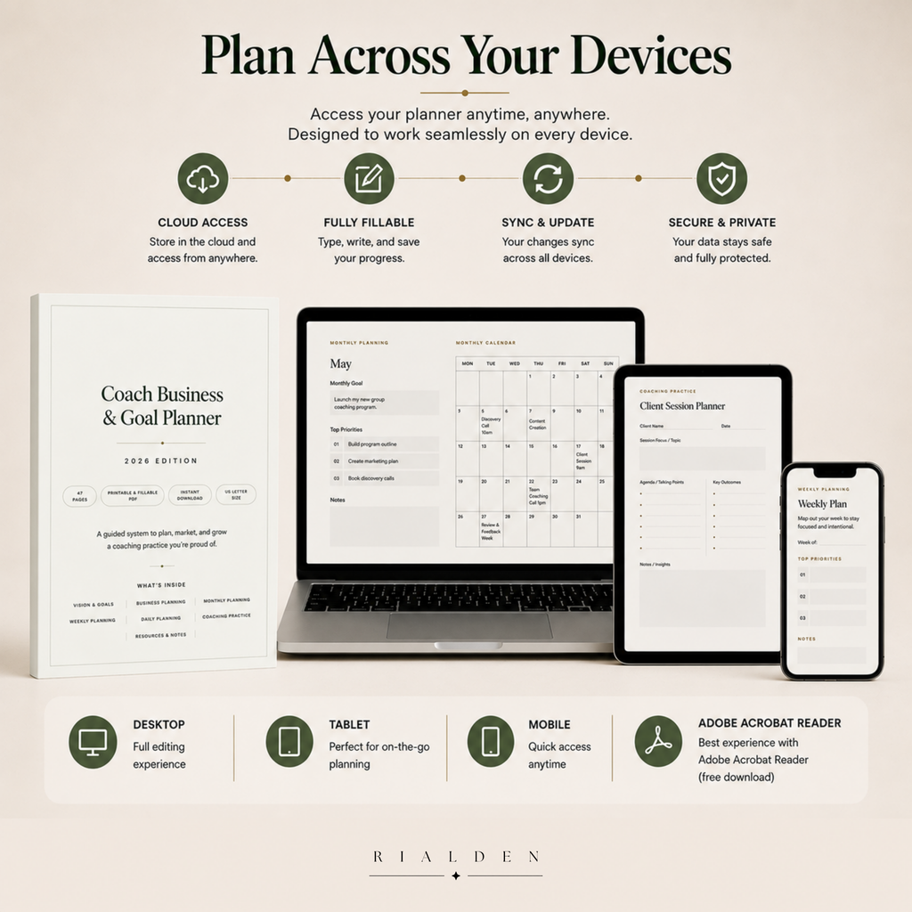 Coach Business & Goal Planner | Printable + Interactive Fillable PDF | Coaching Business Planner