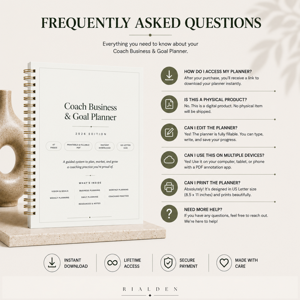 Coach Business & Goal Planner | Printable + Interactive Fillable PDF | Coaching Business Planner