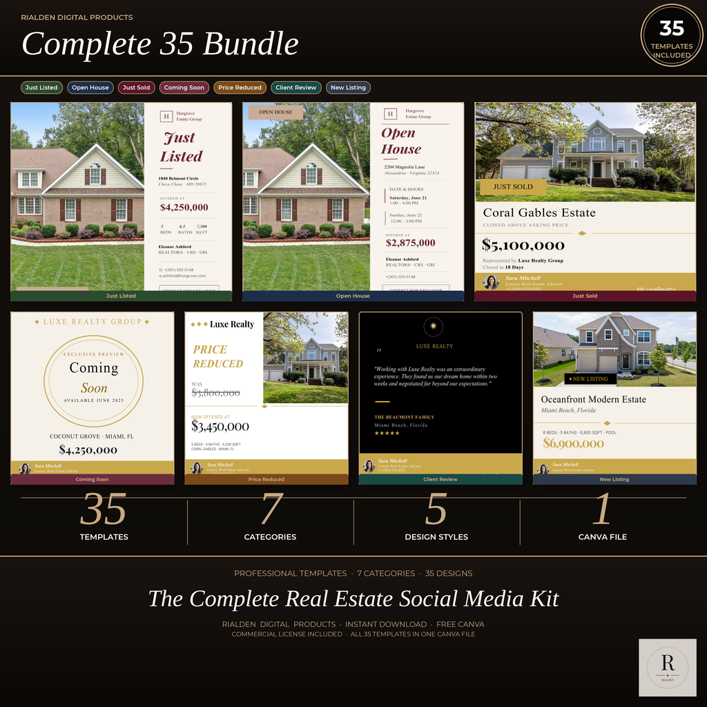 Real Estate Canva Template Bundle | 35 Luxury Social Media Templates