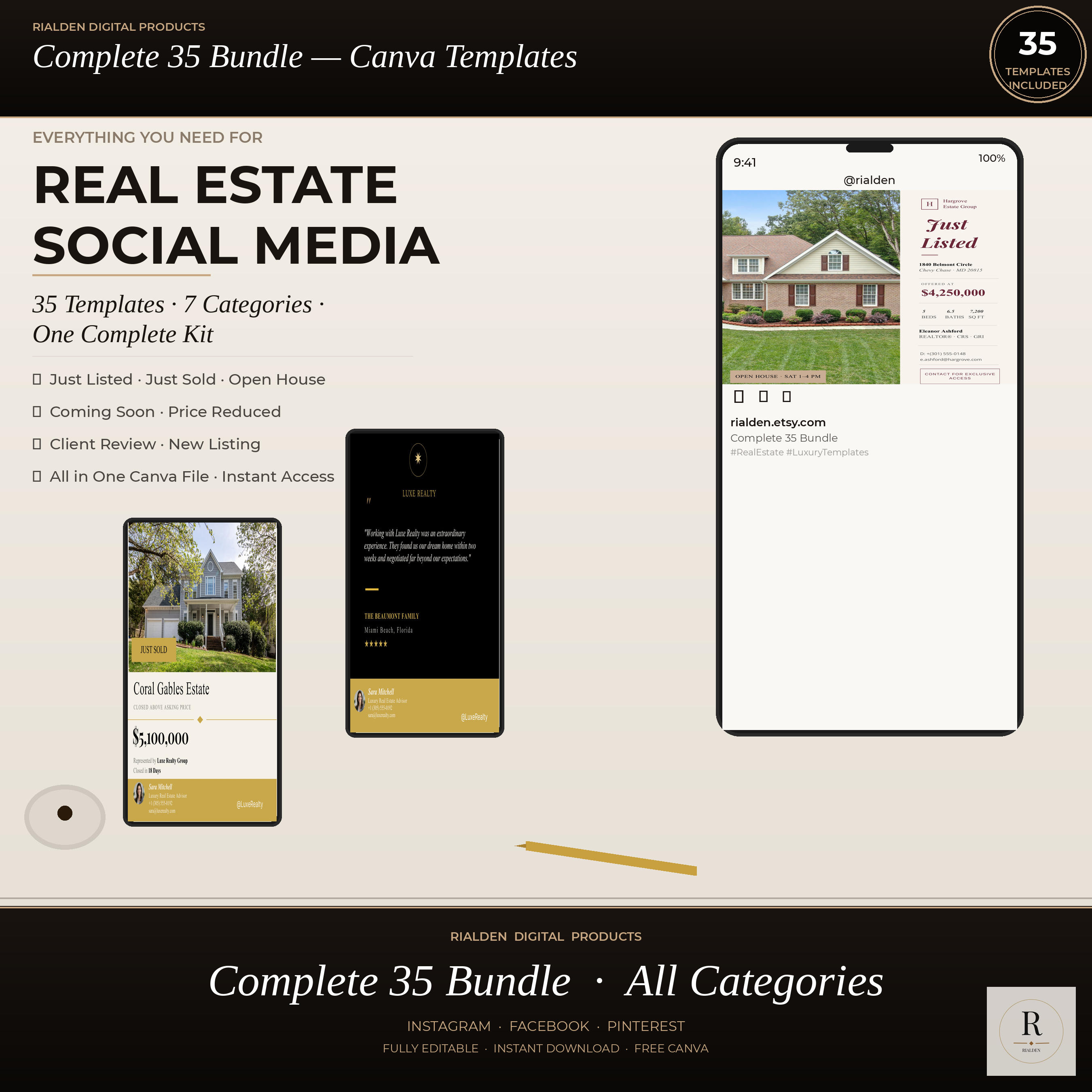 Real Estate Canva Template Bundle | 35 Luxury Social Media Templates