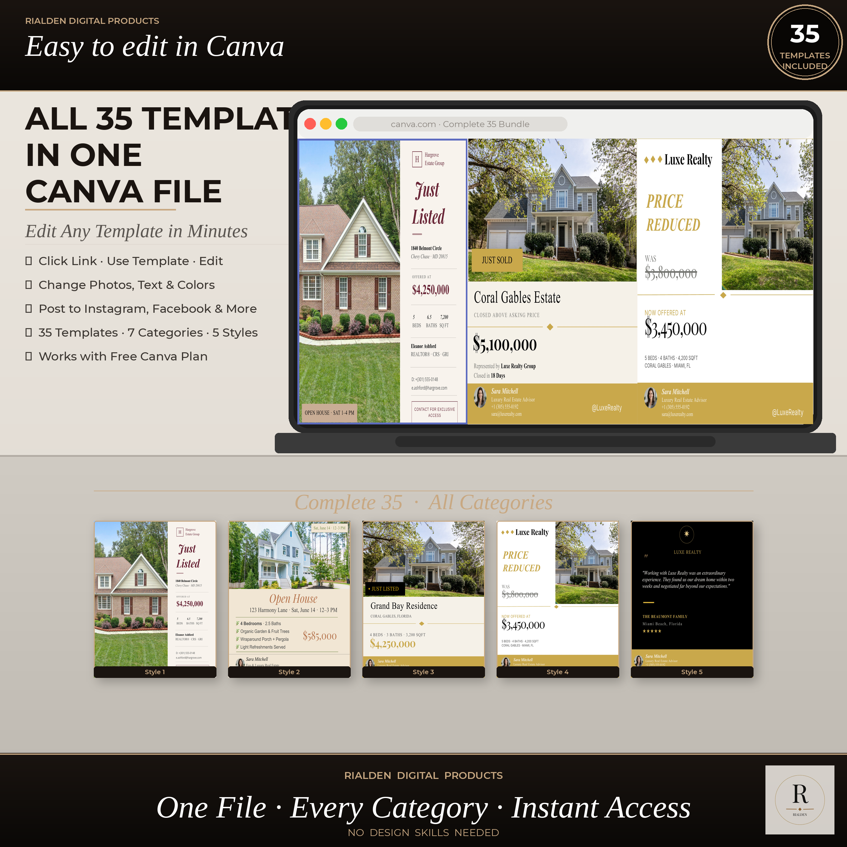 Real Estate Canva Template Bundle | 35 Luxury Social Media Templates