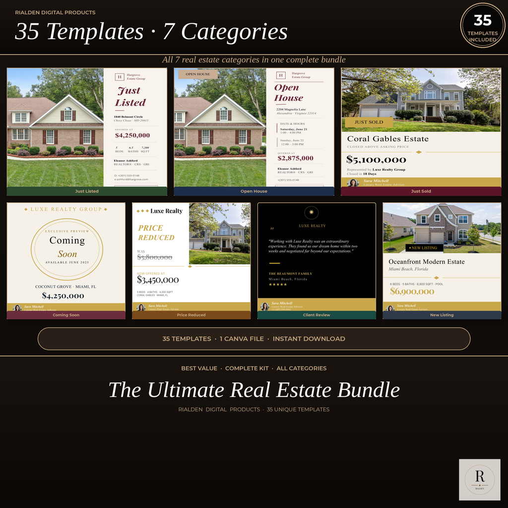 Real Estate Canva Template Bundle | 35 Luxury Social Media Templates