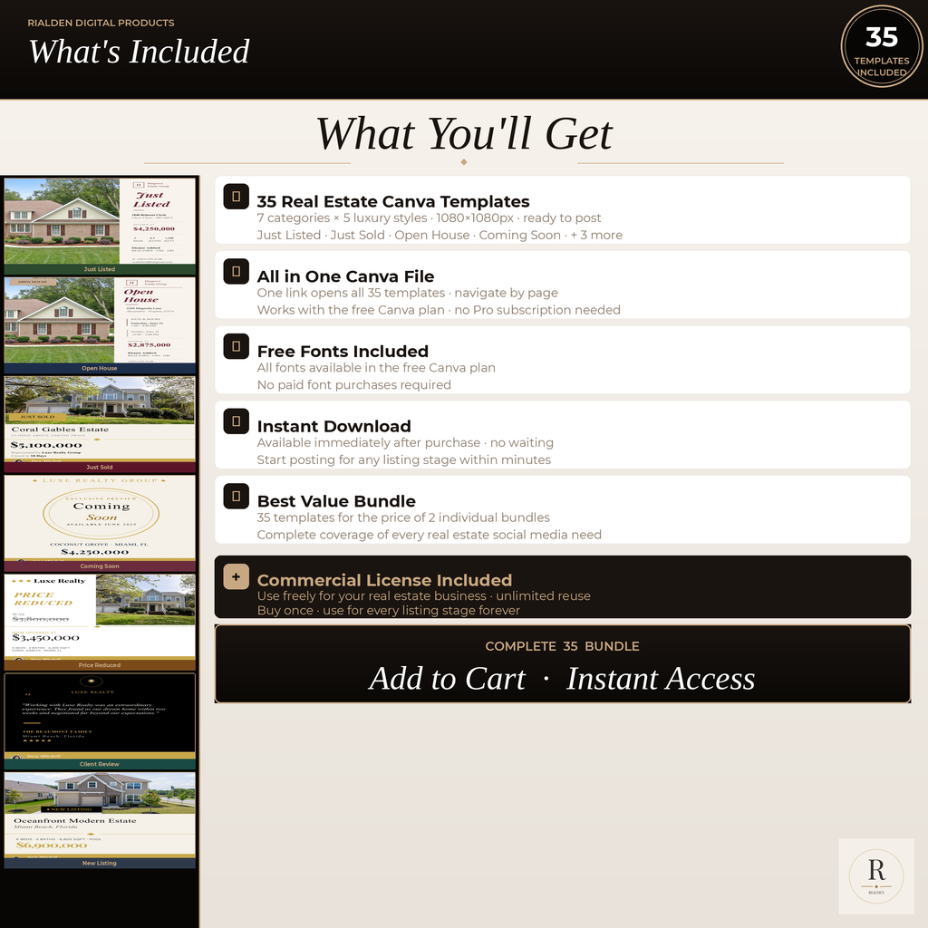 Real Estate Canva Template Bundle | 35 Luxury Social Media Templates