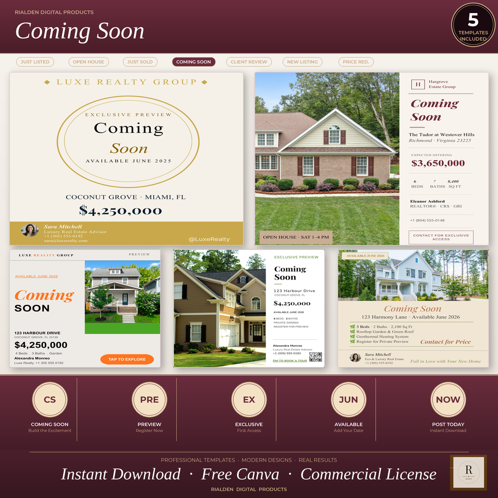 Coming Soon Canva Template Bundle | 5 Luxury Real Estate Social Media Templates