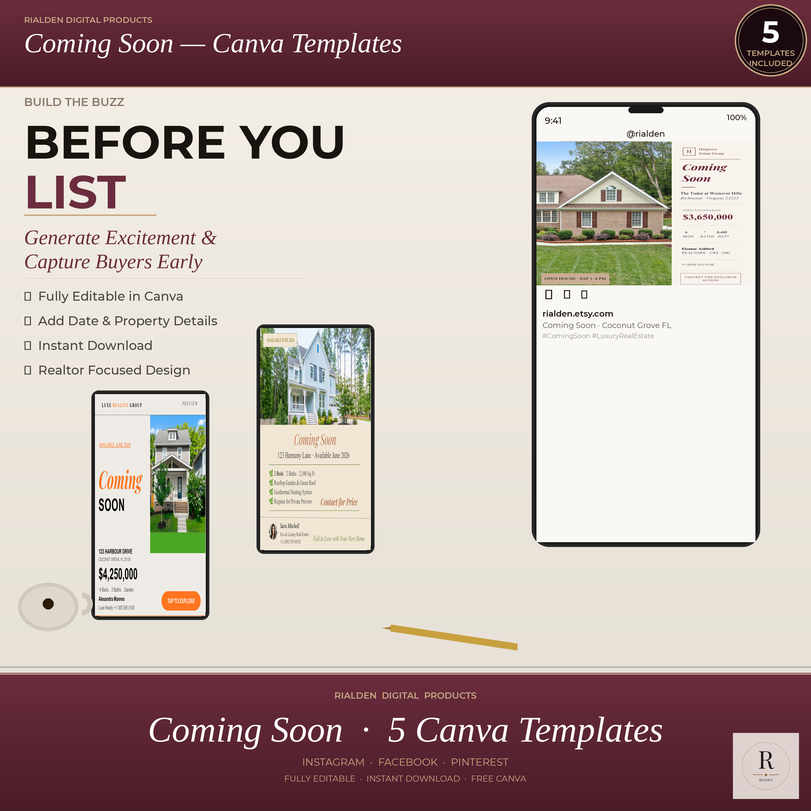 Coming Soon Canva Template Bundle | 5 Luxury Real Estate Social Media Templates