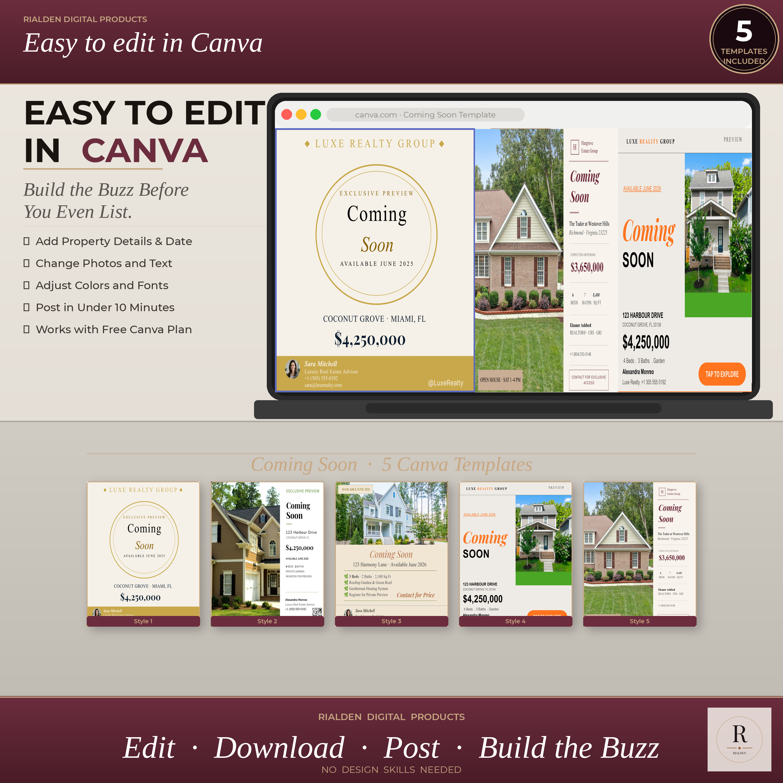 Coming Soon Canva Template Bundle | 5 Luxury Real Estate Social Media Templates