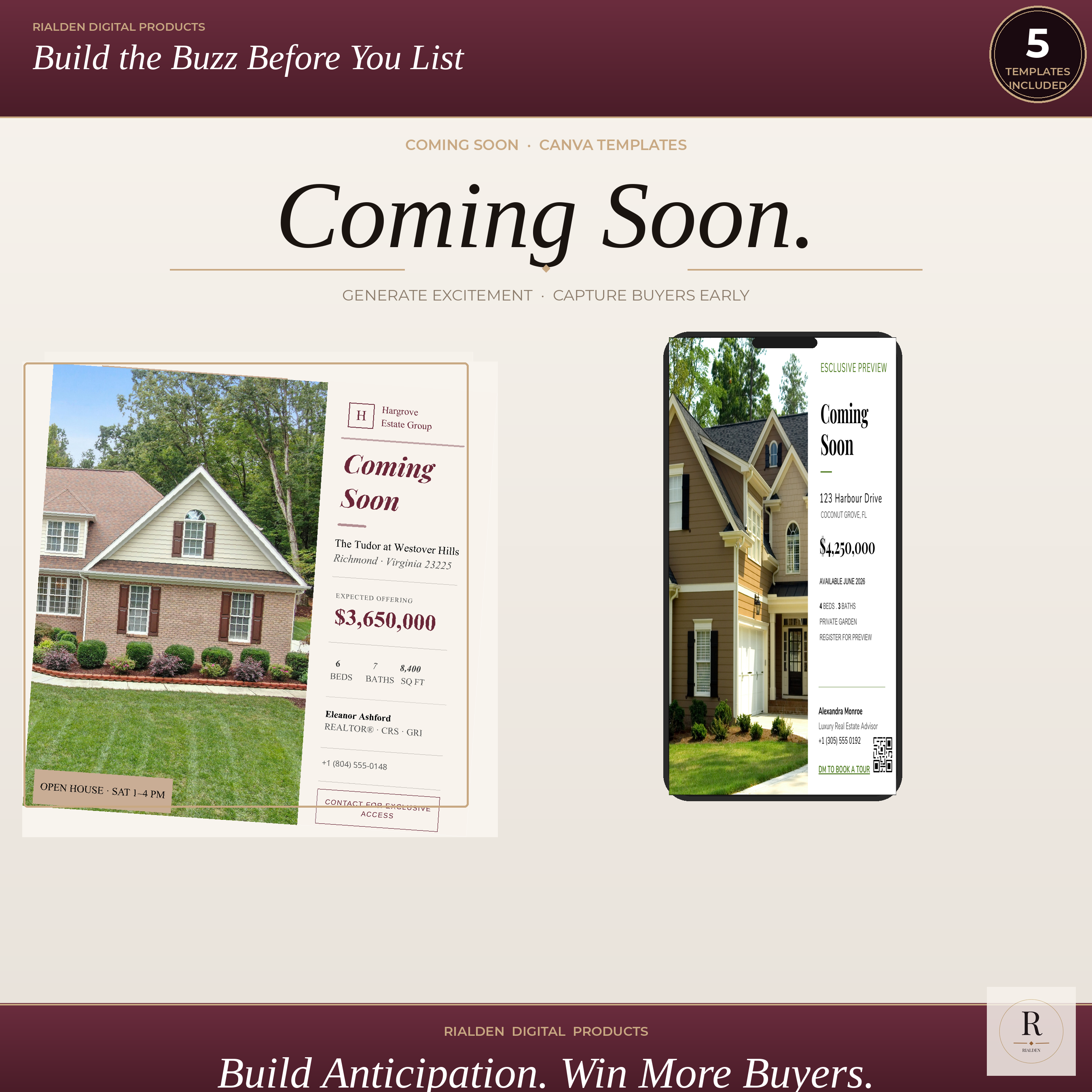 Coming Soon Canva Template Bundle | 5 Luxury Real Estate Social Media Templates