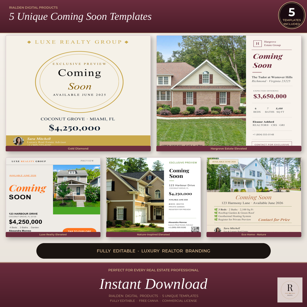 Coming Soon Canva Template Bundle | 5 Luxury Real Estate Social Media Templates