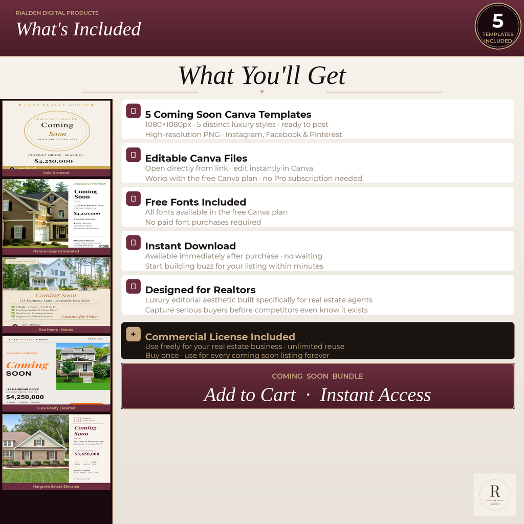 Coming Soon Canva Template Bundle | 5 Luxury Real Estate Social Media Templates