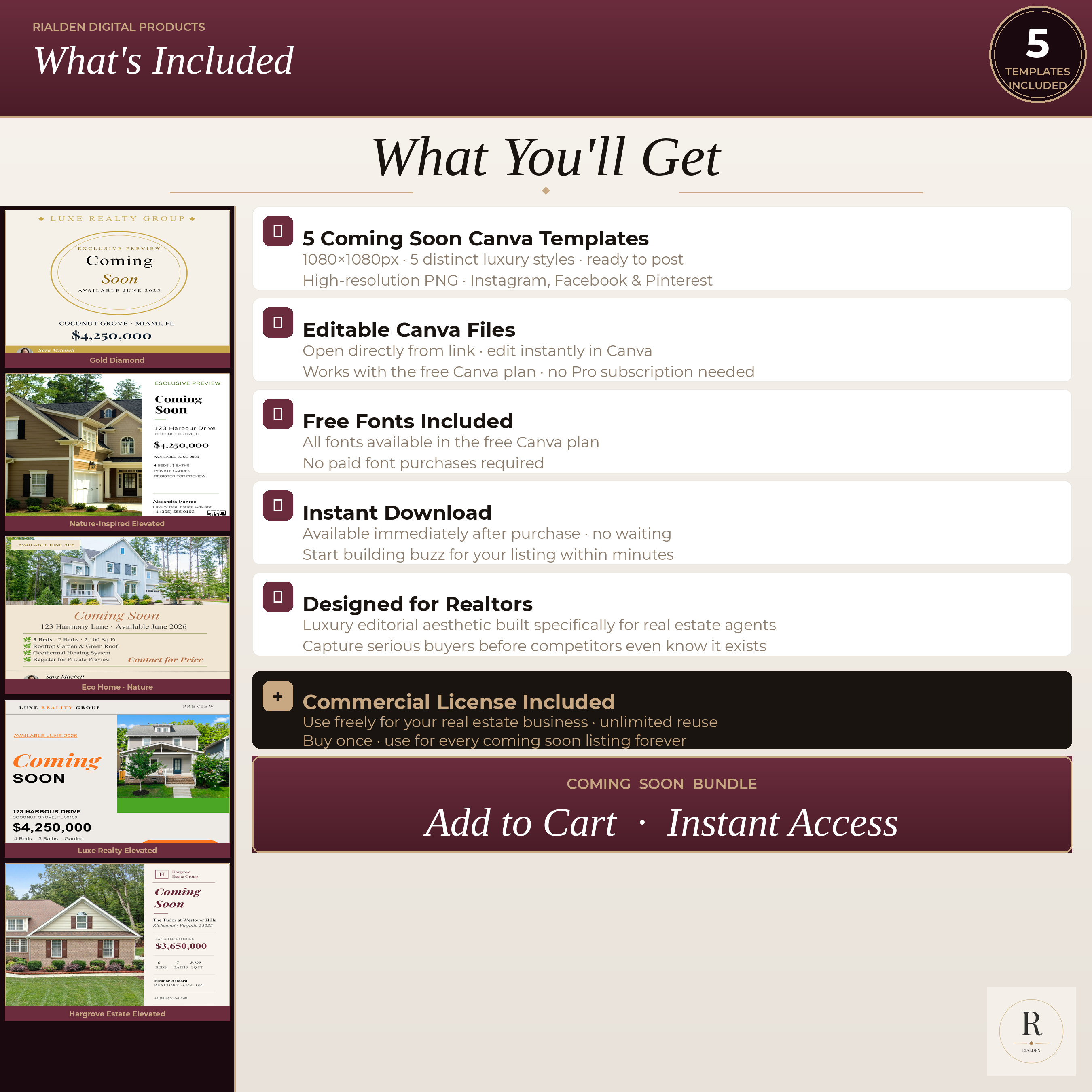 Coming Soon Canva Template Bundle | 5 Luxury Real Estate Social Media Templates