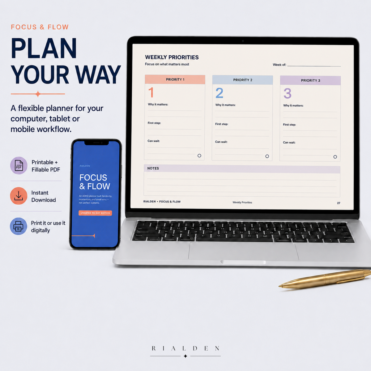 Focus & Flow ADHD Planner — Undated 90-Day Printable + Fillable PDF