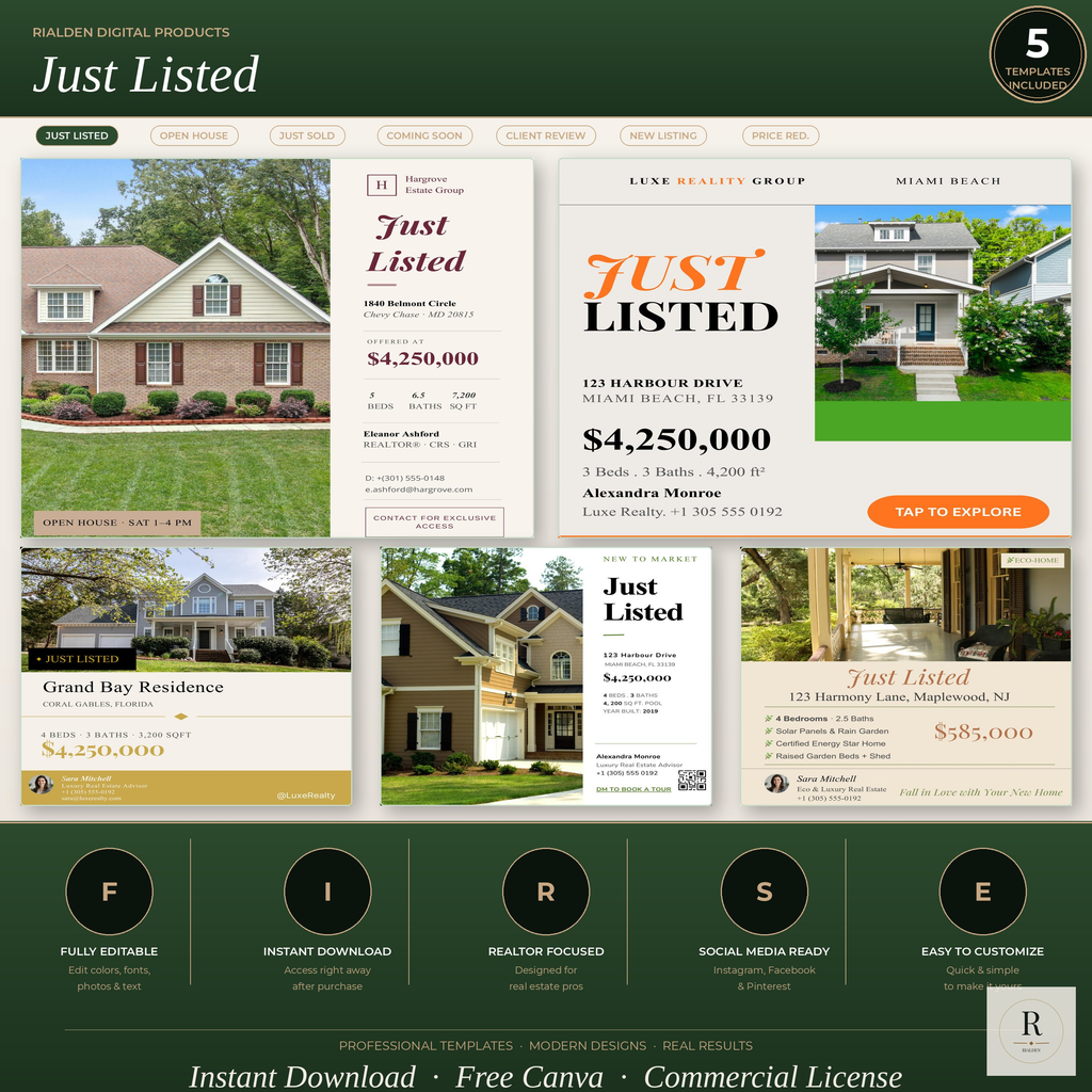 Just Listed Canva Template Bundle | 5 Luxury Real Estate Social Media Templates
