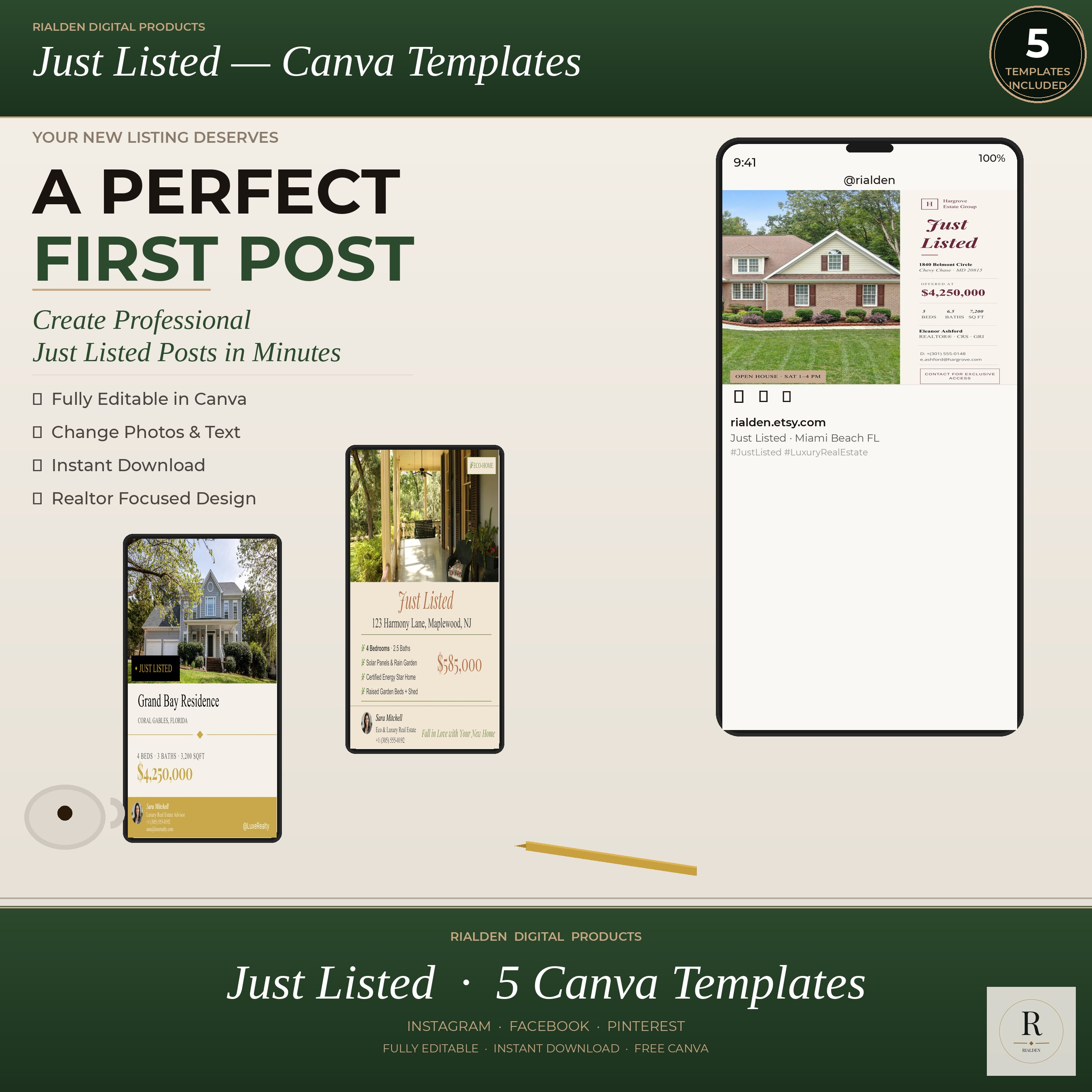 Just Listed Canva Template Bundle | 5 Luxury Real Estate Social Media Templates