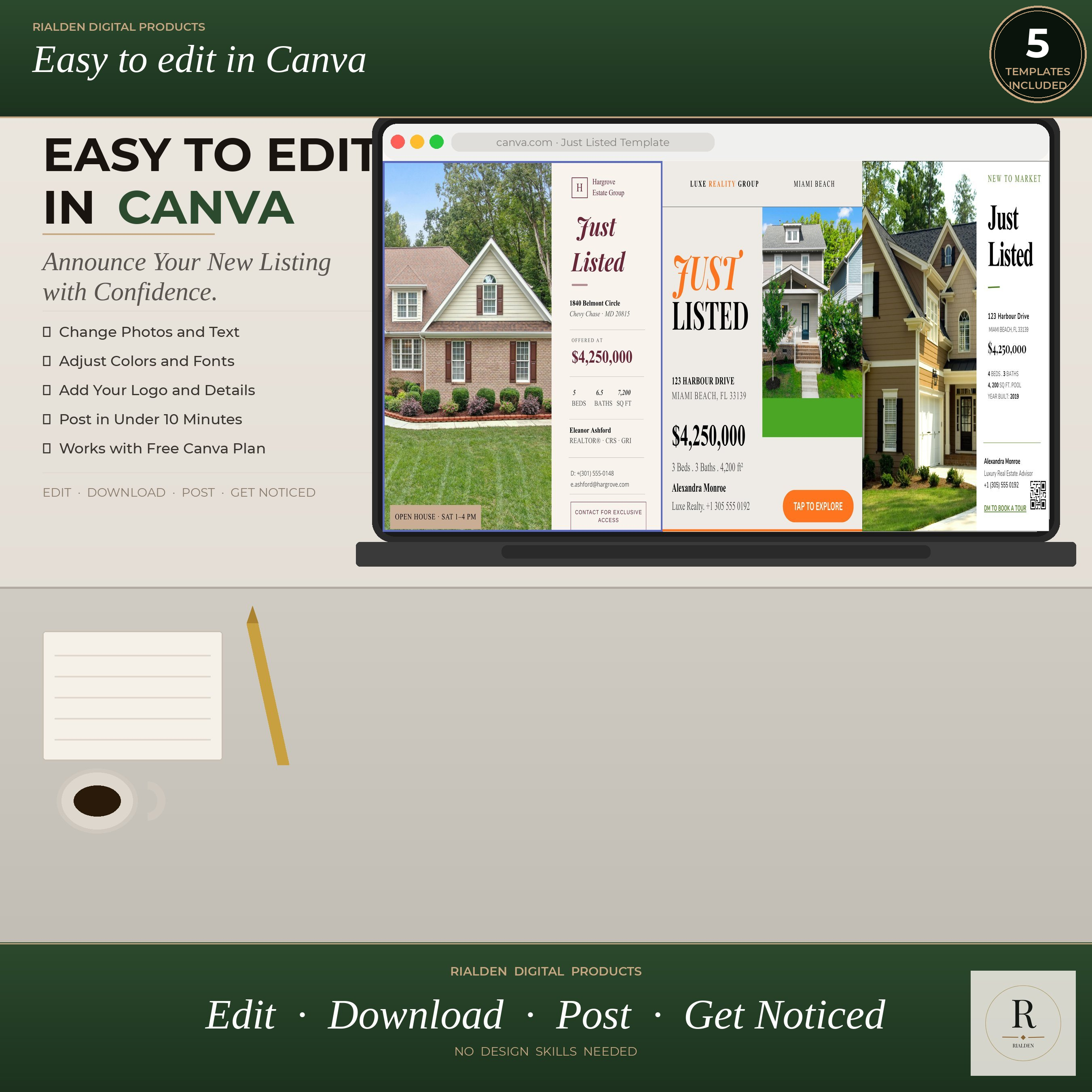 Just Listed Canva Template Bundle | 5 Luxury Real Estate Social Media Templates