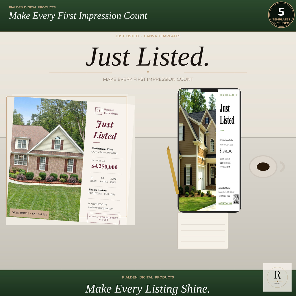 Just Listed Canva Template Bundle | 5 Luxury Real Estate Social Media Templates
