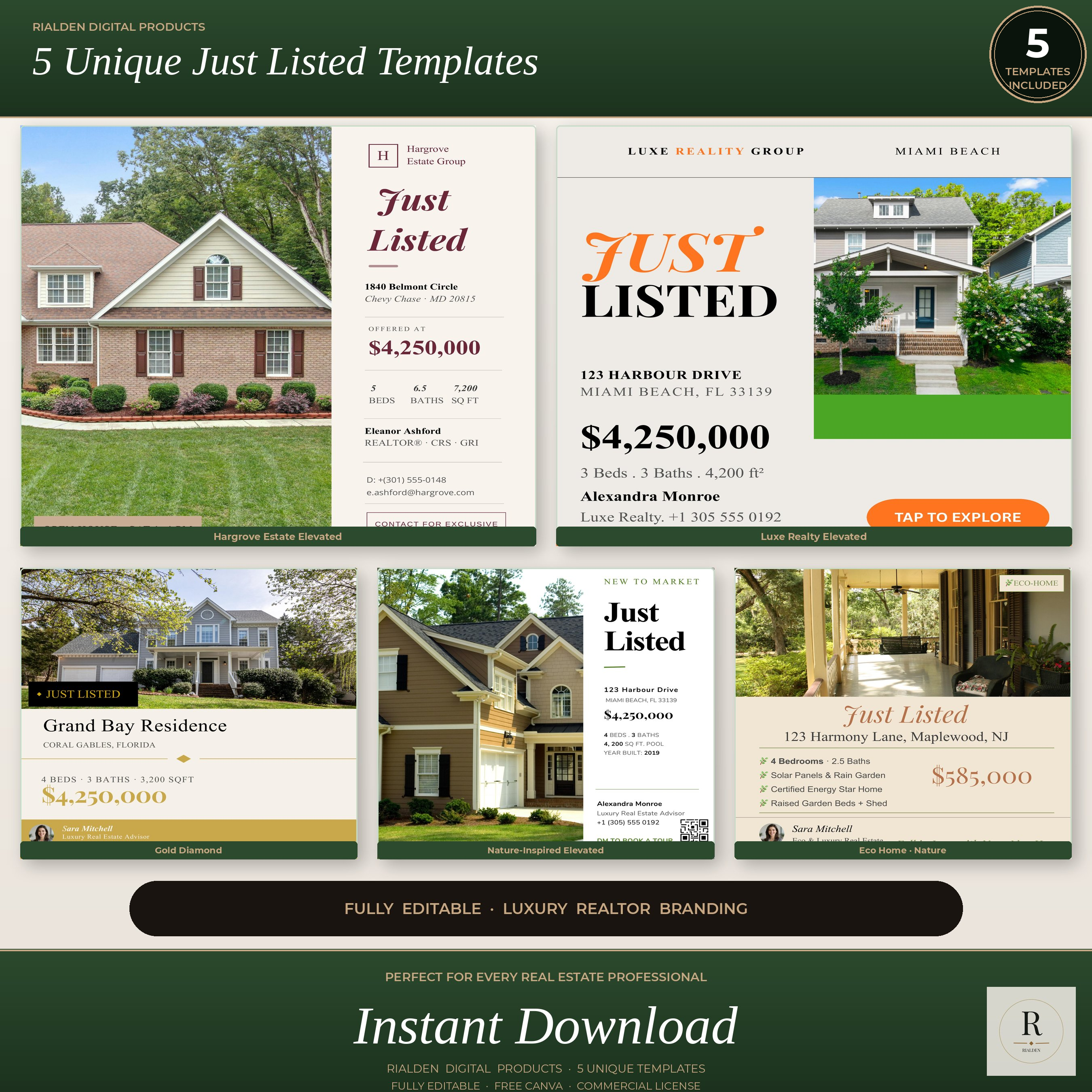 Just Listed Canva Template Bundle | 5 Luxury Real Estate Social Media Templates