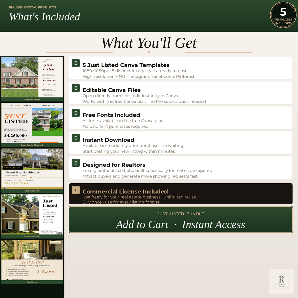 Just Listed Canva Template Bundle | 5 Luxury Real Estate Social Media Templates