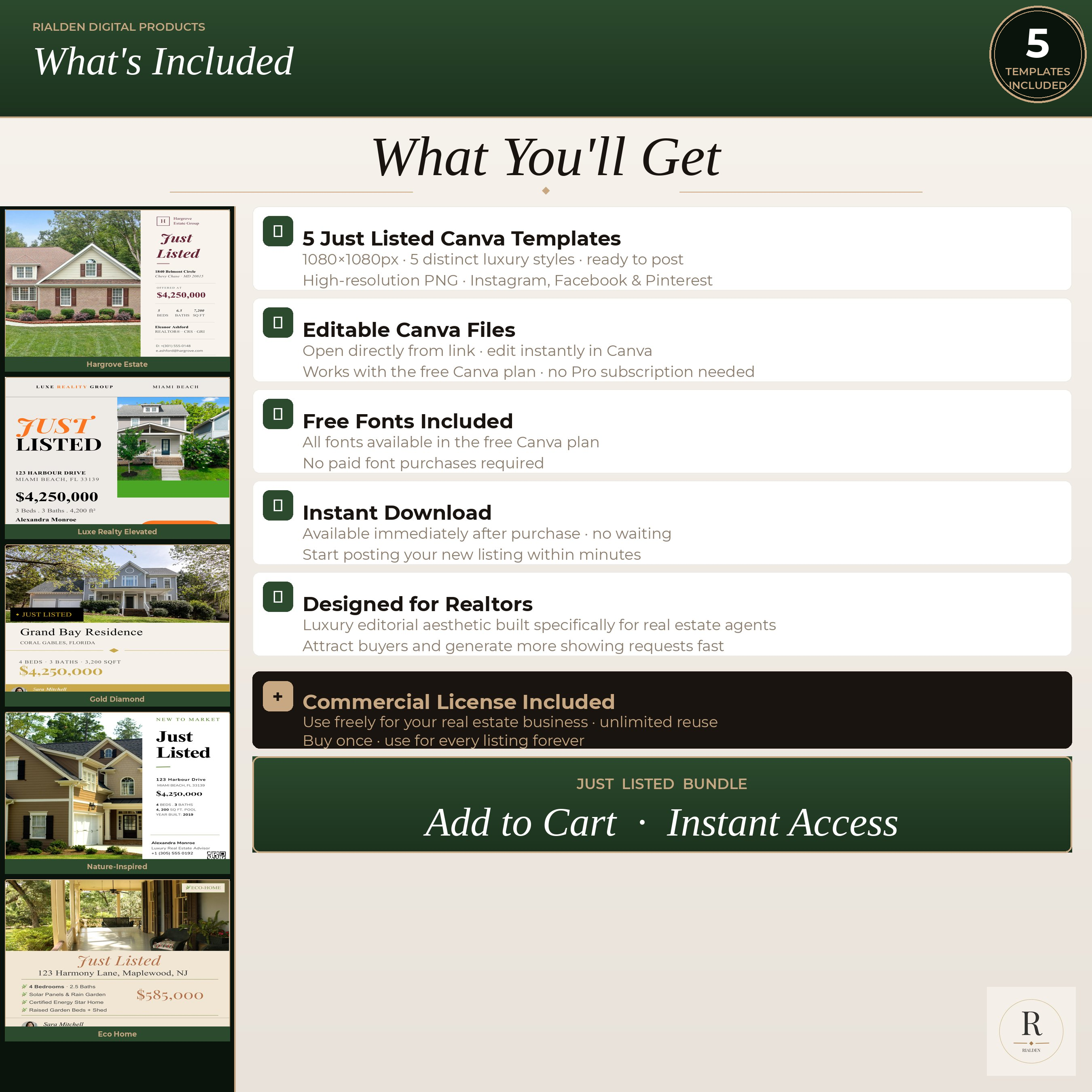 Just Listed Canva Template Bundle | 5 Luxury Real Estate Social Media Templates