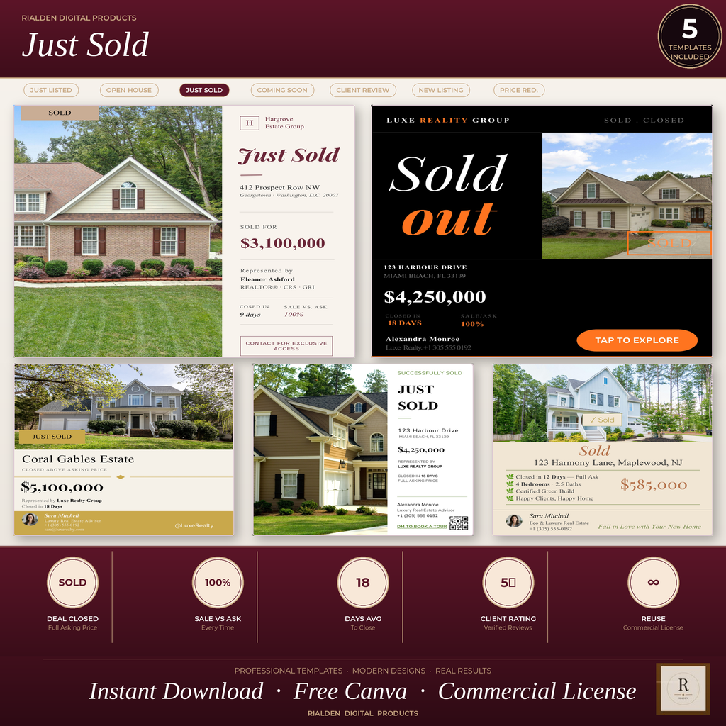 Just Sold Canva Template Bundle | 5 Luxury Real Estate Social Media Templates
