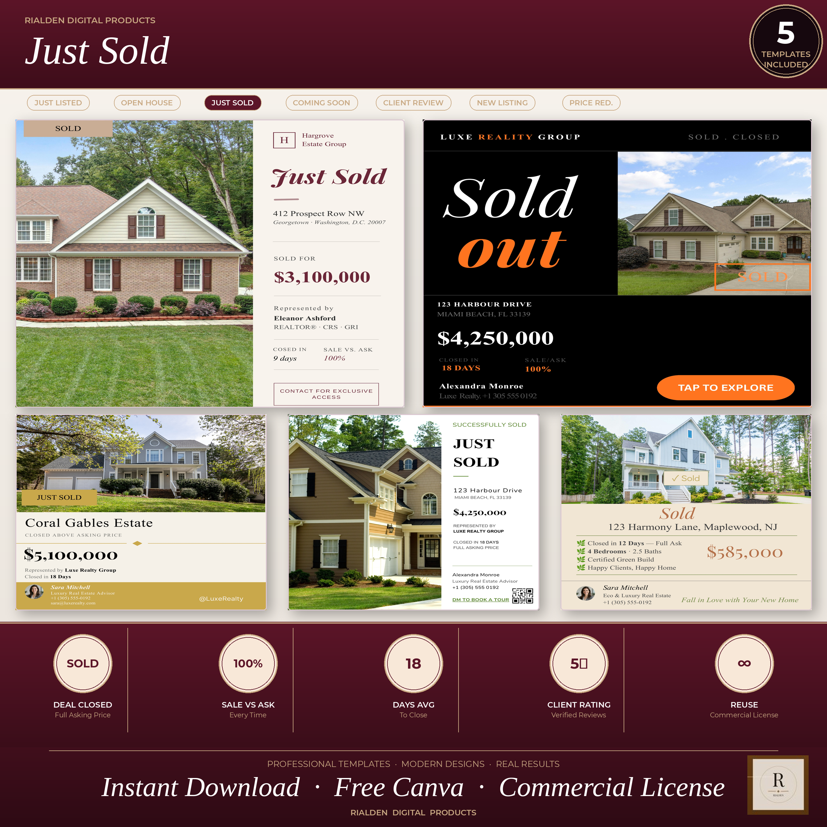 Just Sold Canva Template Bundle | 5 Luxury Real Estate Social Media Templates