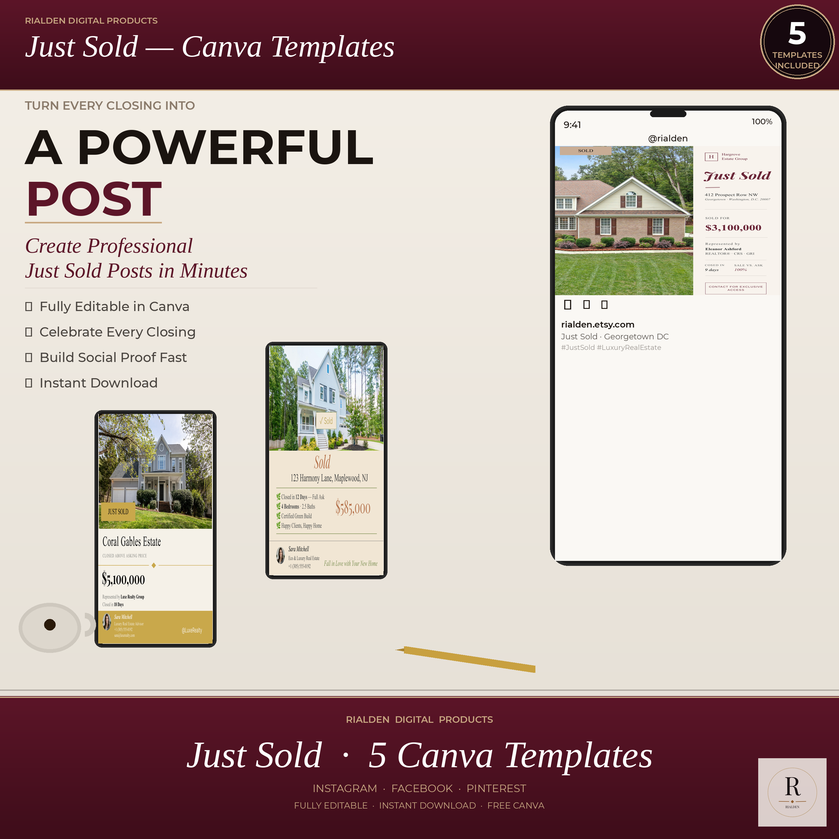 Just Sold Canva Template Bundle | 5 Luxury Real Estate Social Media Templates