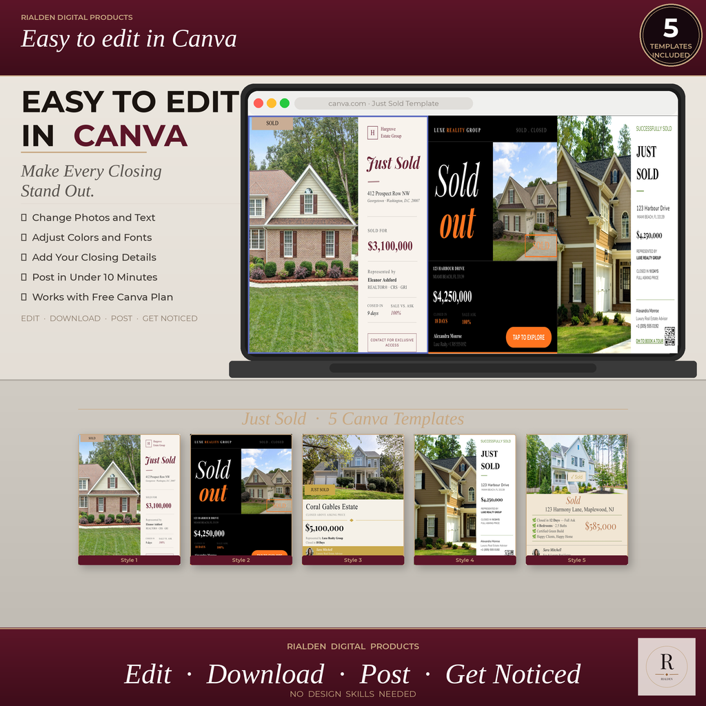 Just Sold Canva Template Bundle | 5 Luxury Real Estate Social Media Templates