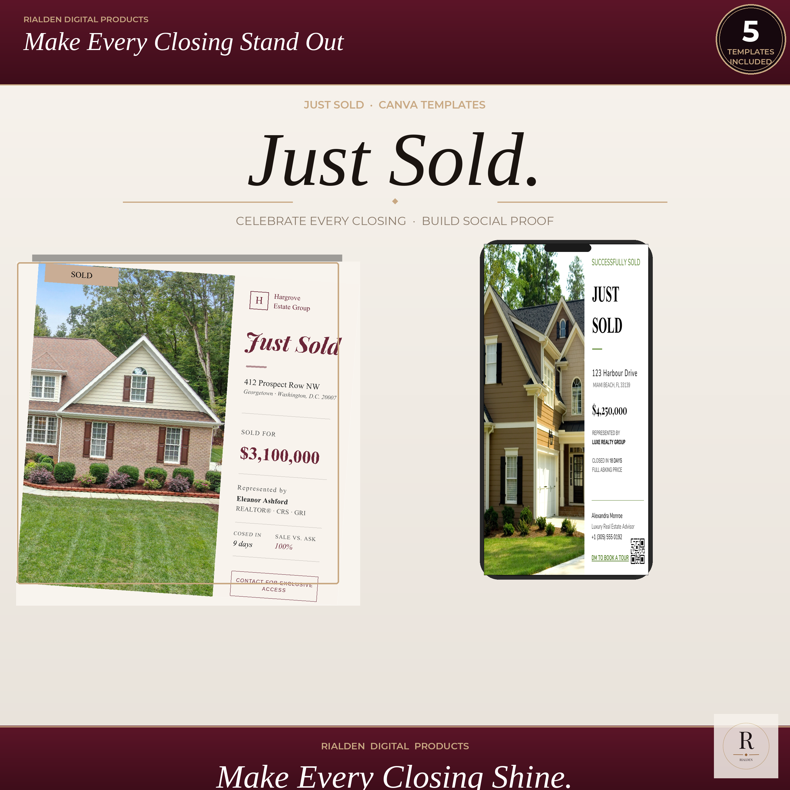 Just Sold Canva Template Bundle | 5 Luxury Real Estate Social Media Templates