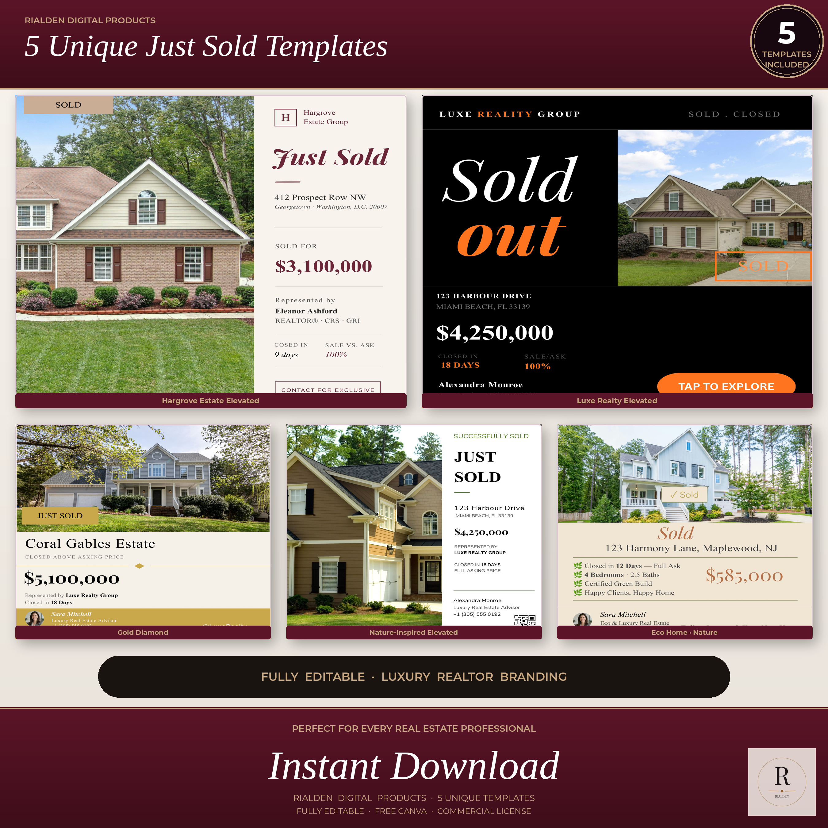 Just Sold Canva Template Bundle | 5 Luxury Real Estate Social Media Templates