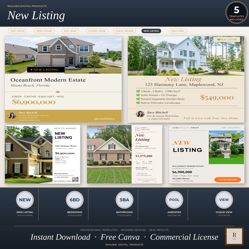 New Listing Canva Template Bundle | 5 Luxury Real Estate Social Media Templates