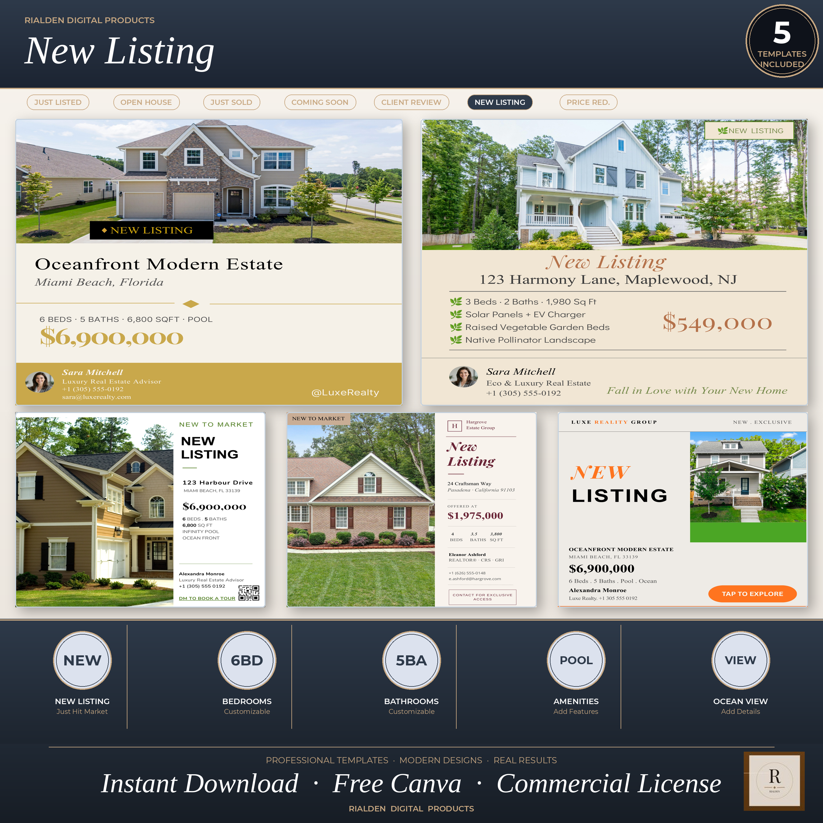 New Listing Canva Template Bundle | 5 Luxury Real Estate Social Media Templates