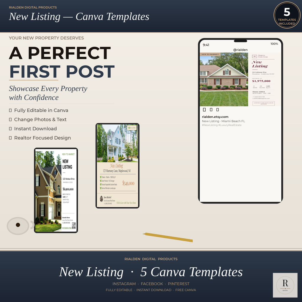 New Listing Canva Template Bundle | 5 Luxury Real Estate Social Media Templates
