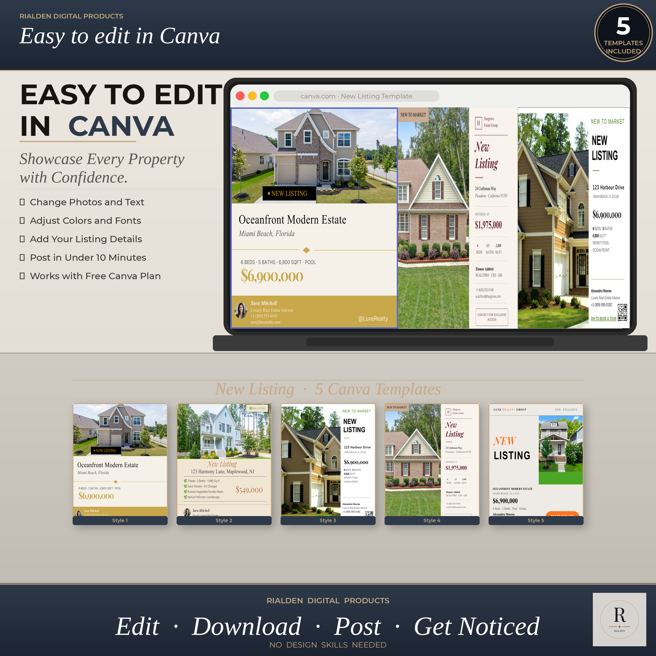 New Listing Canva Template Bundle | 5 Luxury Real Estate Social Media Templates