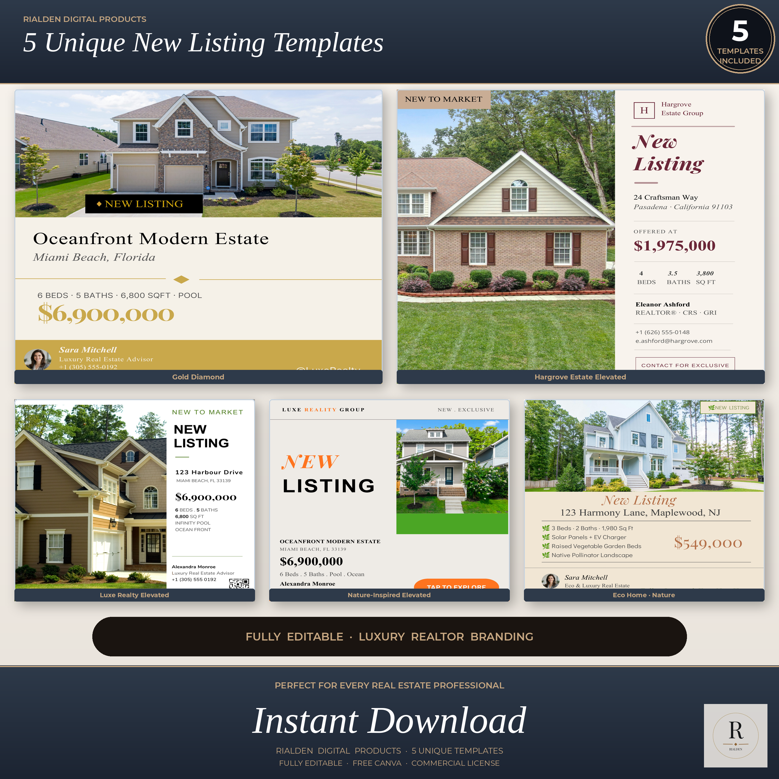 New Listing Canva Template Bundle | 5 Luxury Real Estate Social Media Templates