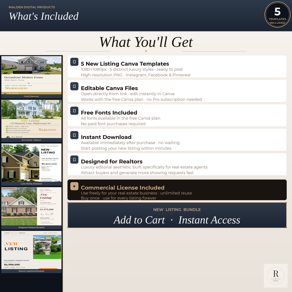 New Listing Canva Template Bundle | 5 Luxury Real Estate Social Media Templates