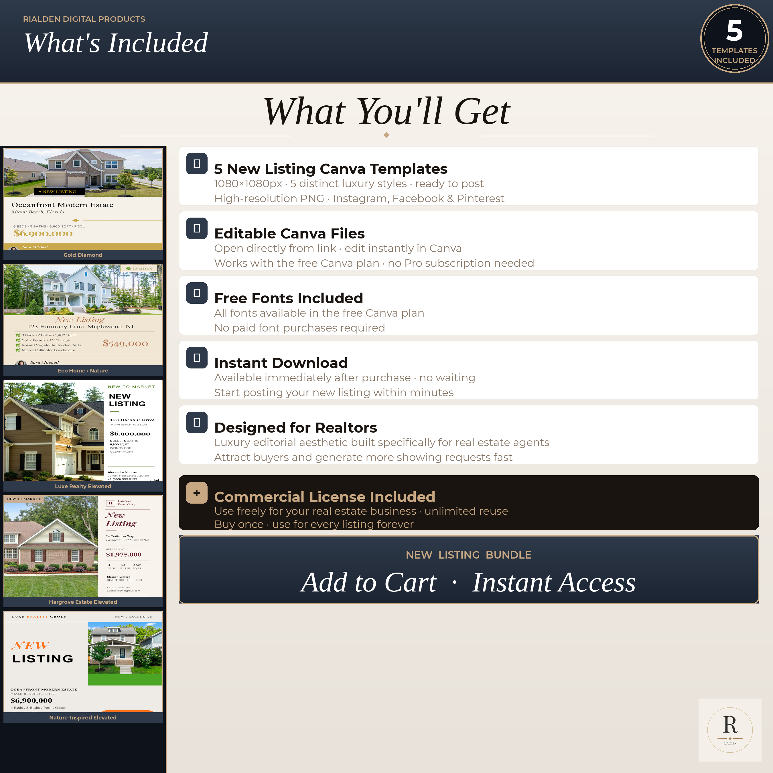 New Listing Canva Template Bundle | 5 Luxury Real Estate Social Media Templates