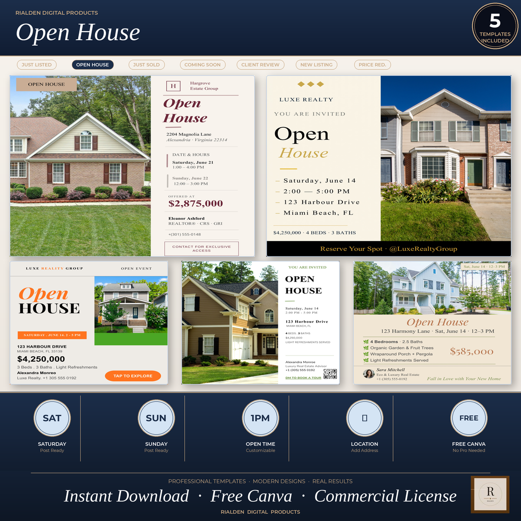 Open House Canva Template Bundle | 5 Luxury Real Estate Social Media Templates