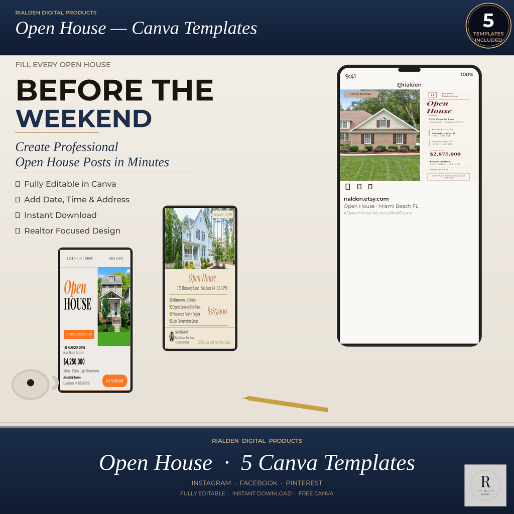 Open House Canva Template Bundle | 5 Luxury Real Estate Social Media Templates