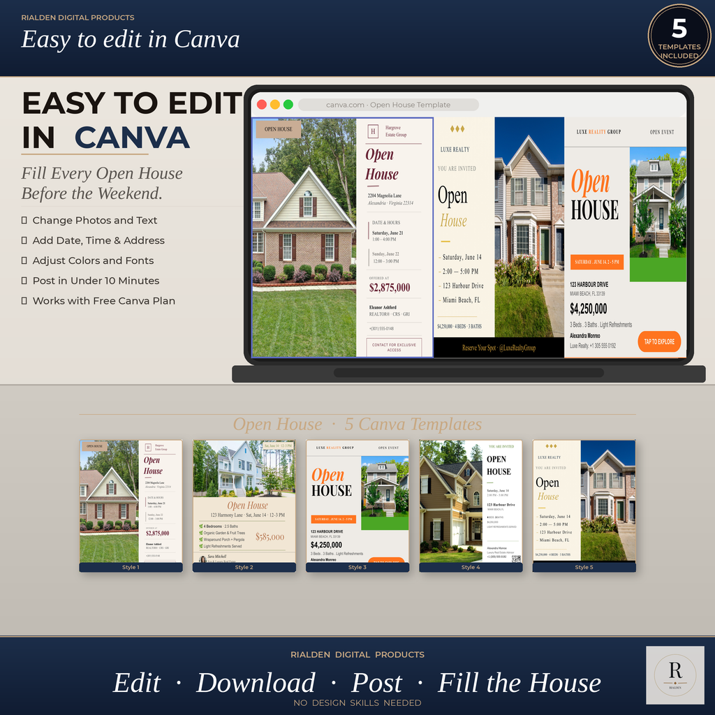 Open House Canva Template Bundle | 5 Luxury Real Estate Social Media Templates
