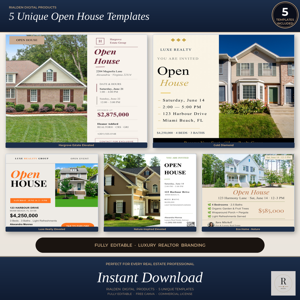 Open House Canva Template Bundle | 5 Luxury Real Estate Social Media Templates