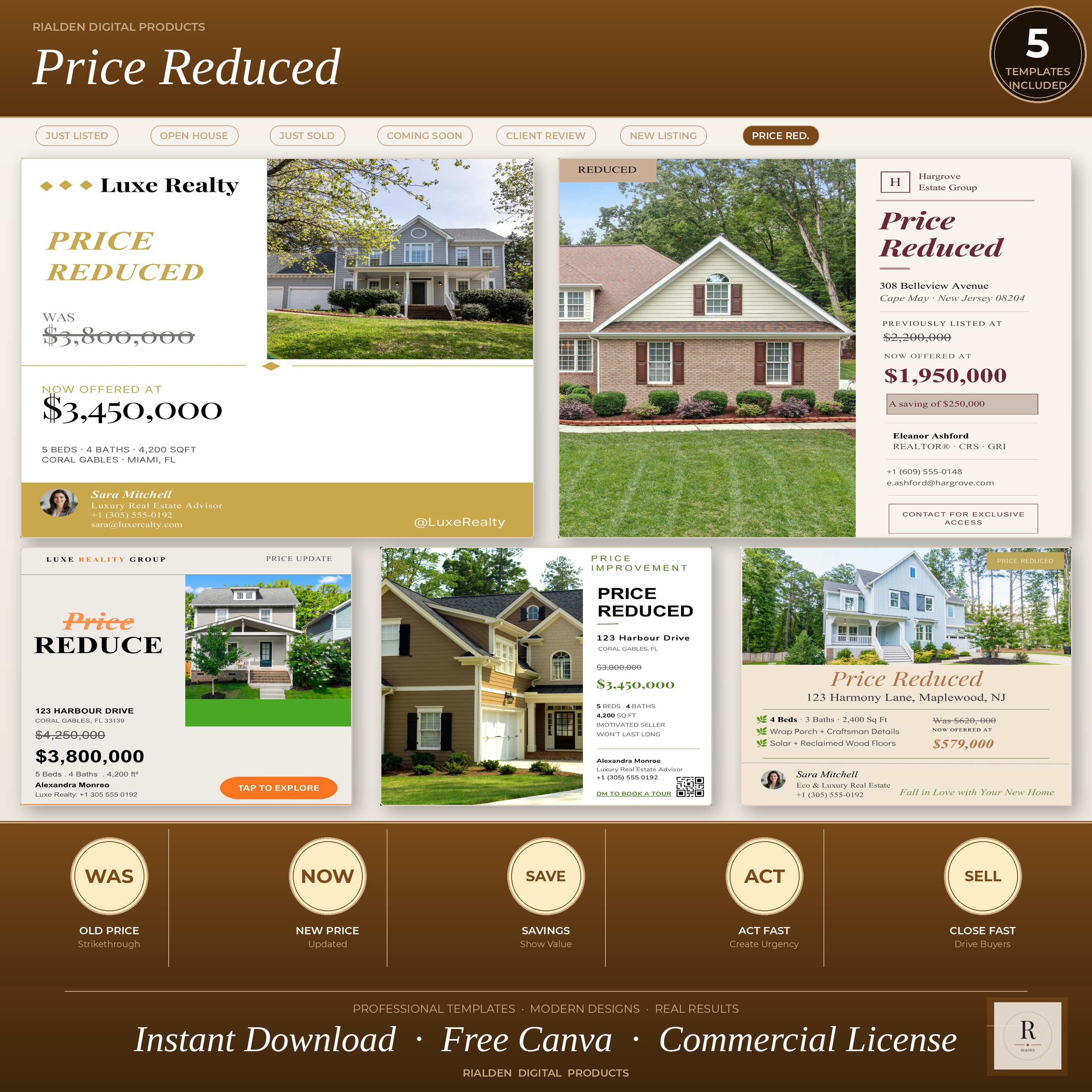 Price Reduced Canva Template Bundle | 5 Luxury Real Estate Social Media Templates