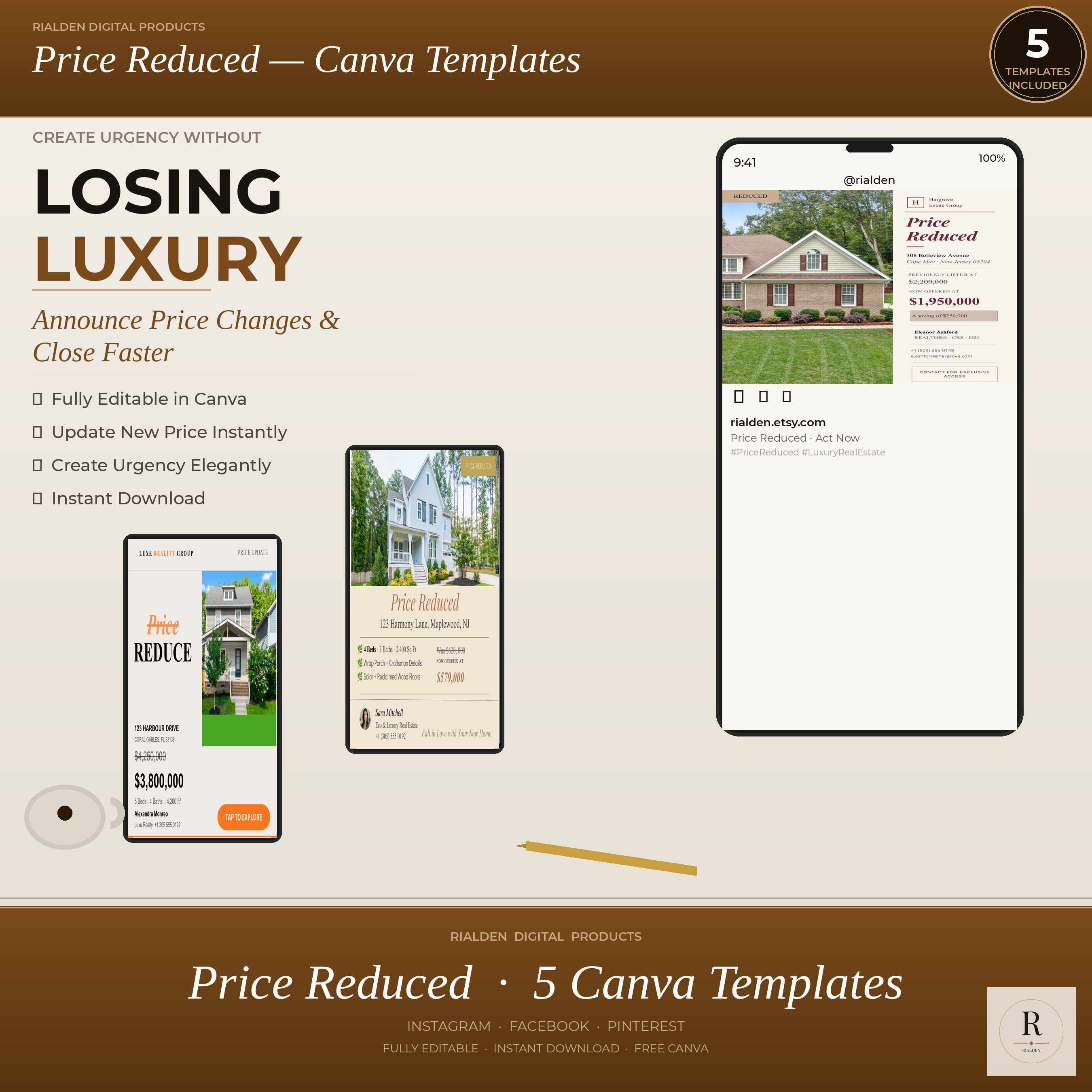 Price Reduced Canva Template Bundle | 5 Luxury Real Estate Social Media Templates
