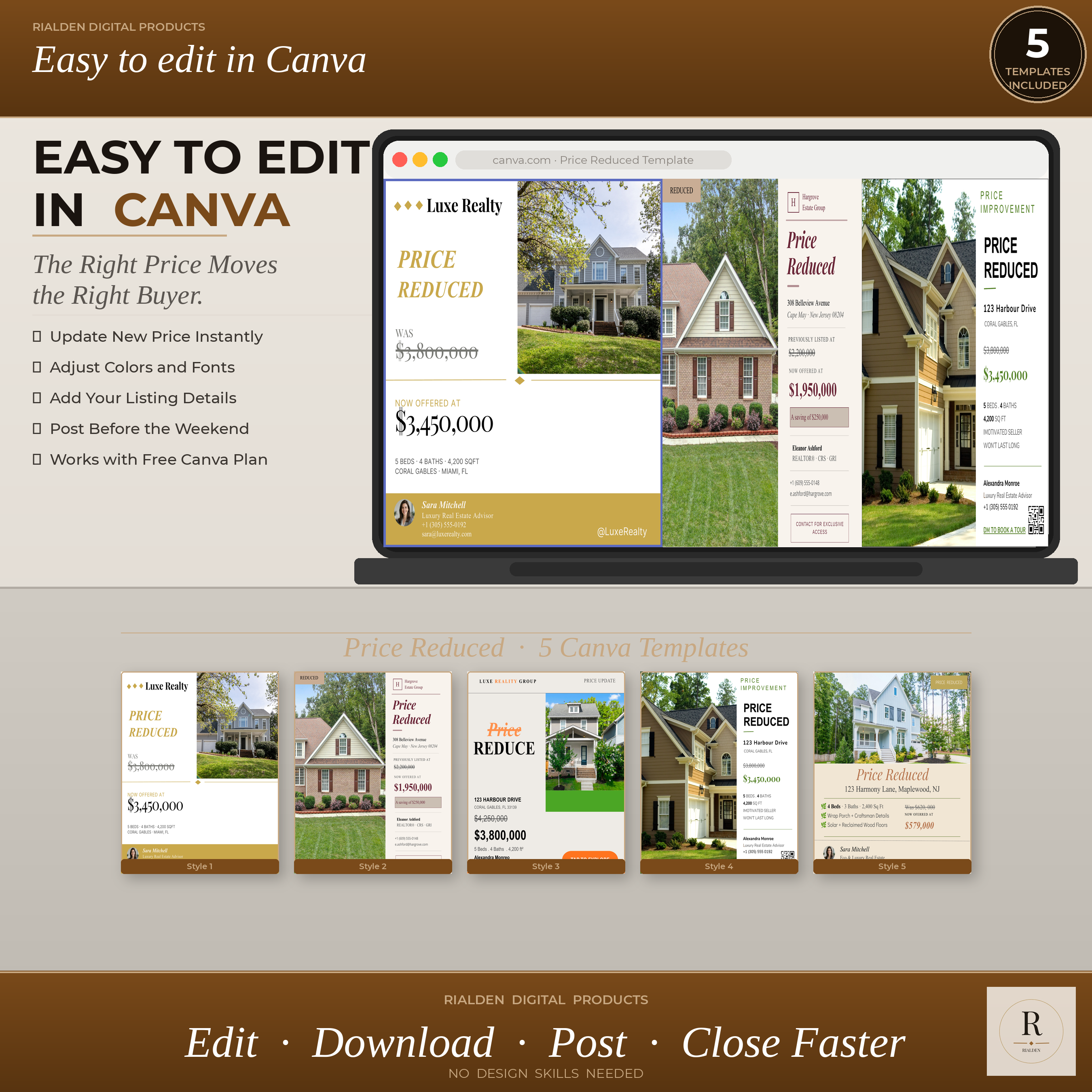 Price Reduced Canva Template Bundle | 5 Luxury Real Estate Social Media Templates