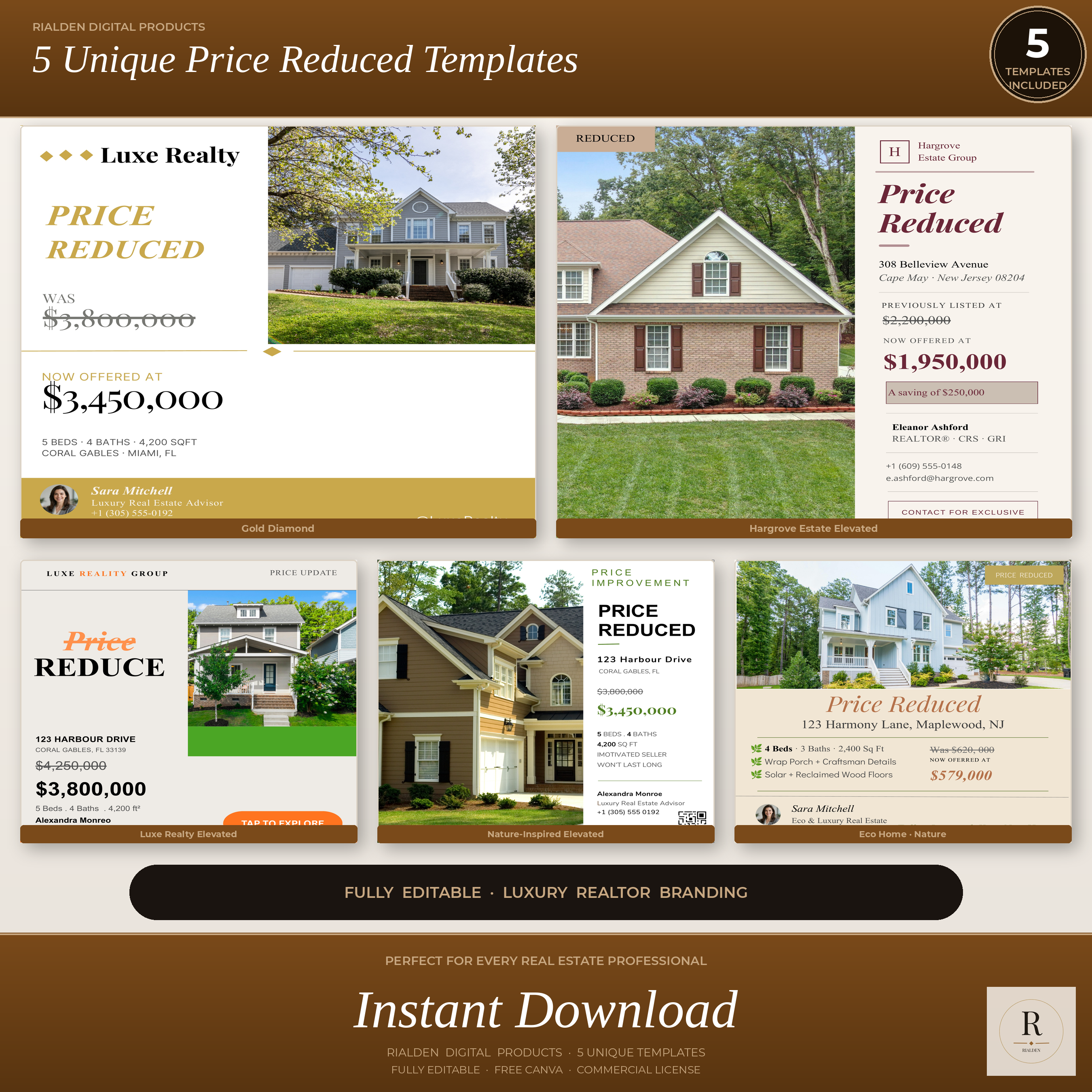 Price Reduced Canva Template Bundle | 5 Luxury Real Estate Social Media Templates