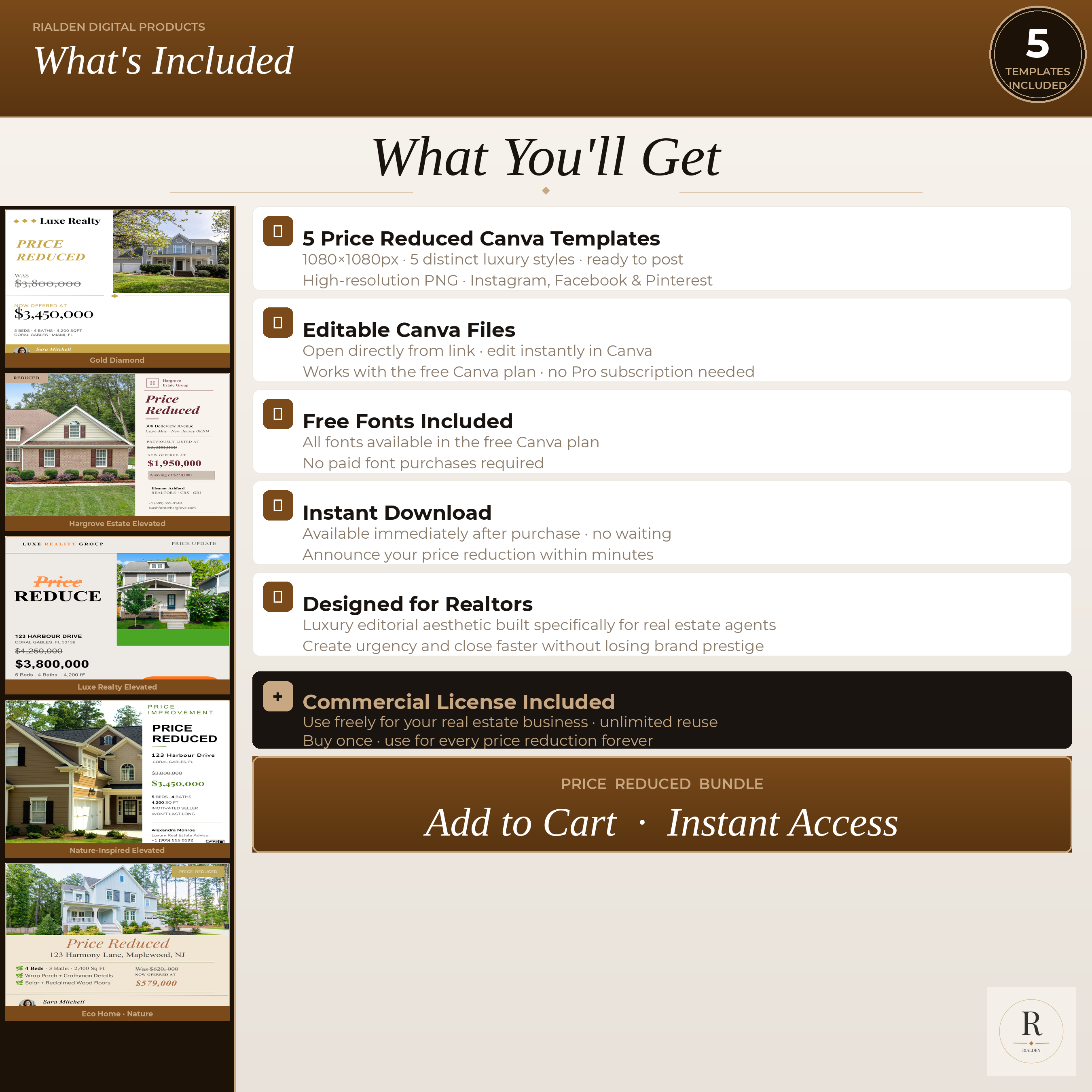 Price Reduced Canva Template Bundle | 5 Luxury Real Estate Social Media Templates